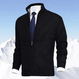 Men's Zip-Up Stand-Collar Fleece-Lined Cardigan Sweater | Autumn - Black