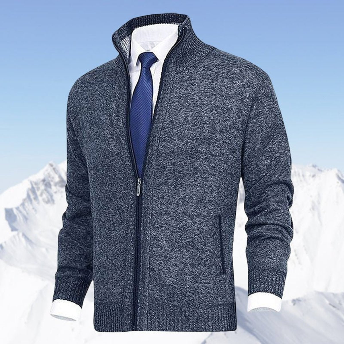 Men's Zip-Up Stand-Collar Fleece-Lined Cardigan Sweater | Autumn - Blue