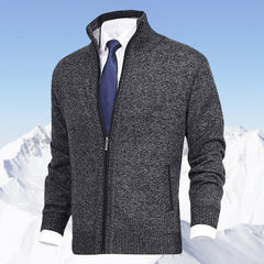 Men's Zip-Up Stand-Collar Fleece-Lined Cardigan Sweater | Autumn - Dark Gray