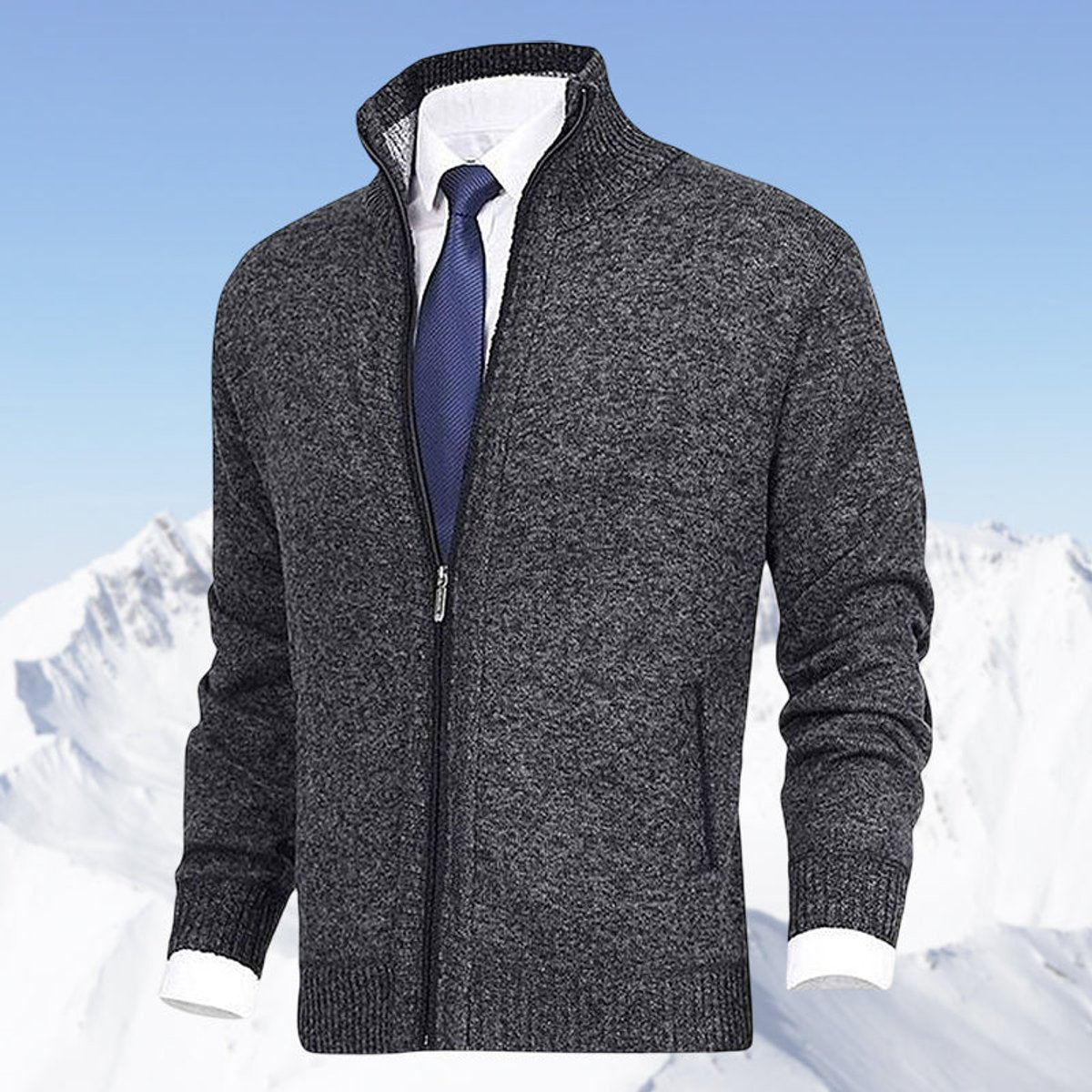 Men's Zip-Up Stand-Collar Fleece-Lined Cardigan Sweater | Autumn - Dark Gray