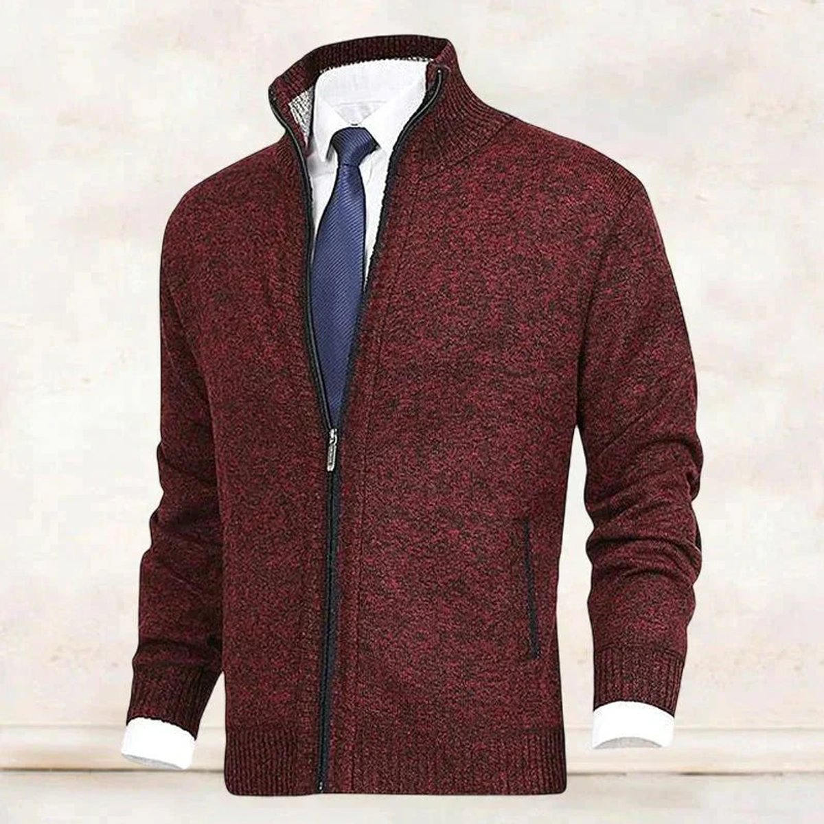 Men's Zip-Up Stand-Collar Fleece-Lined Cardigan Sweater | Autumn