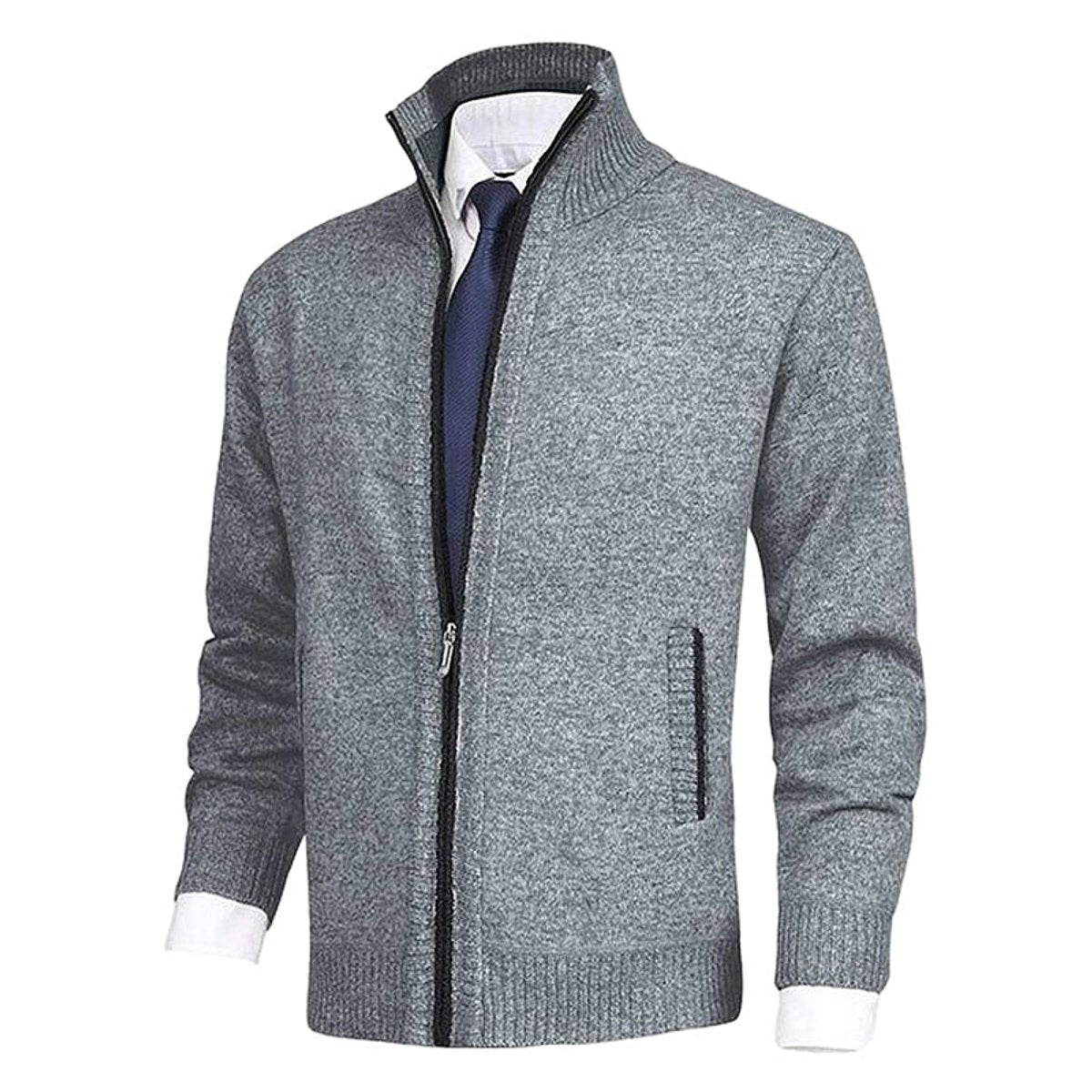 Men's Zip-Up Stand-Collar Fleece-Lined Cardigan Sweater | Autumn