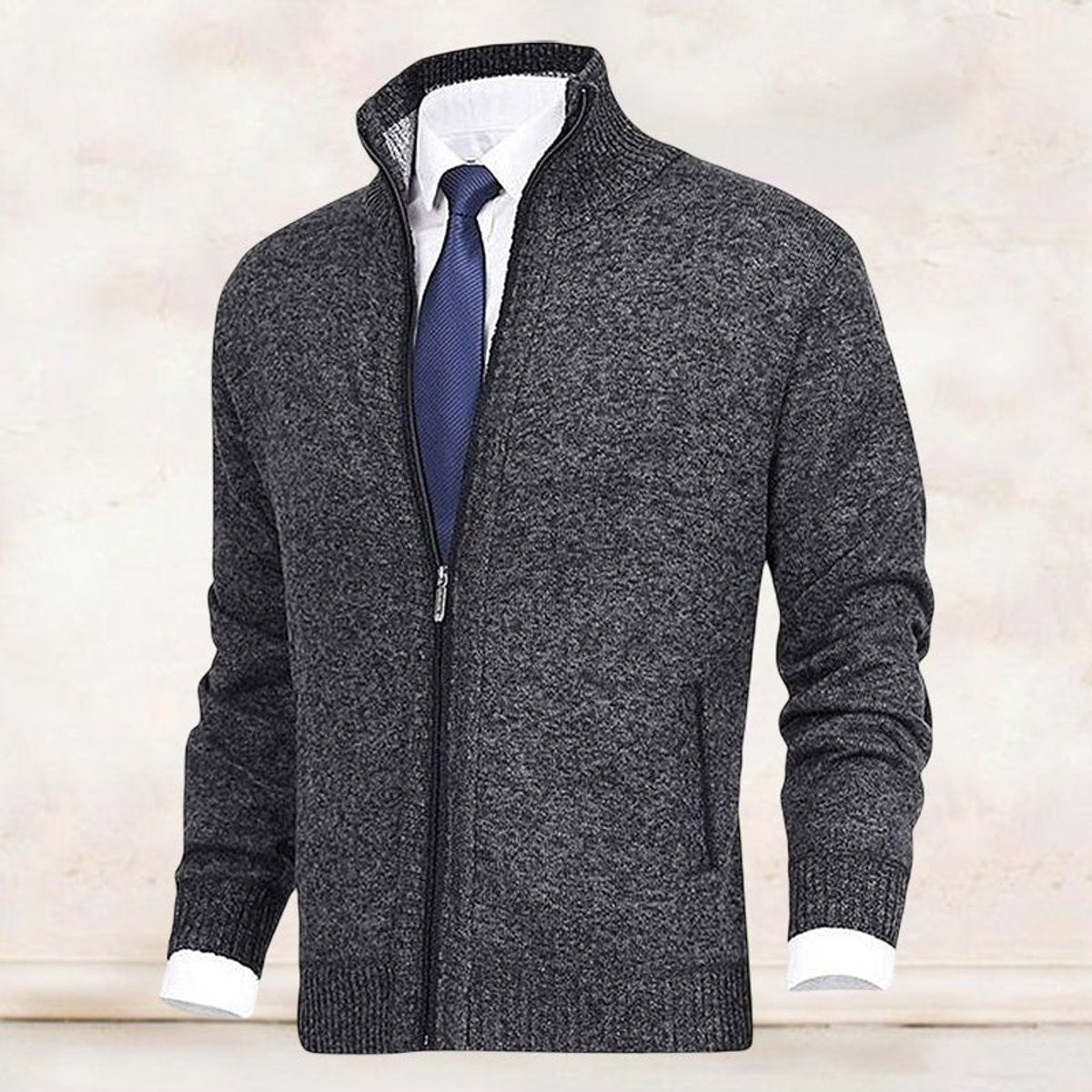 Men's Zip-Up Stand-Collar Fleece-Lined Cardigan Sweater | Autumn