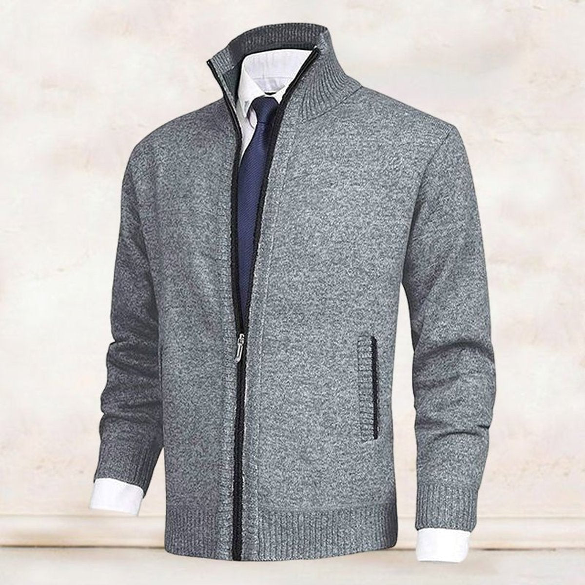 Men's Zip-Up Stand-Collar Fleece-Lined Cardigan Sweater | Autumn