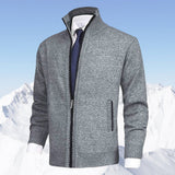 Men's Zip-Up Stand-Collar Fleece-Lined Cardigan Sweater | Autumn - Light Gray