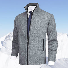 Men's Zip-Up Stand-Collar Fleece-Lined Cardigan Sweater | Autumn - Light Gray