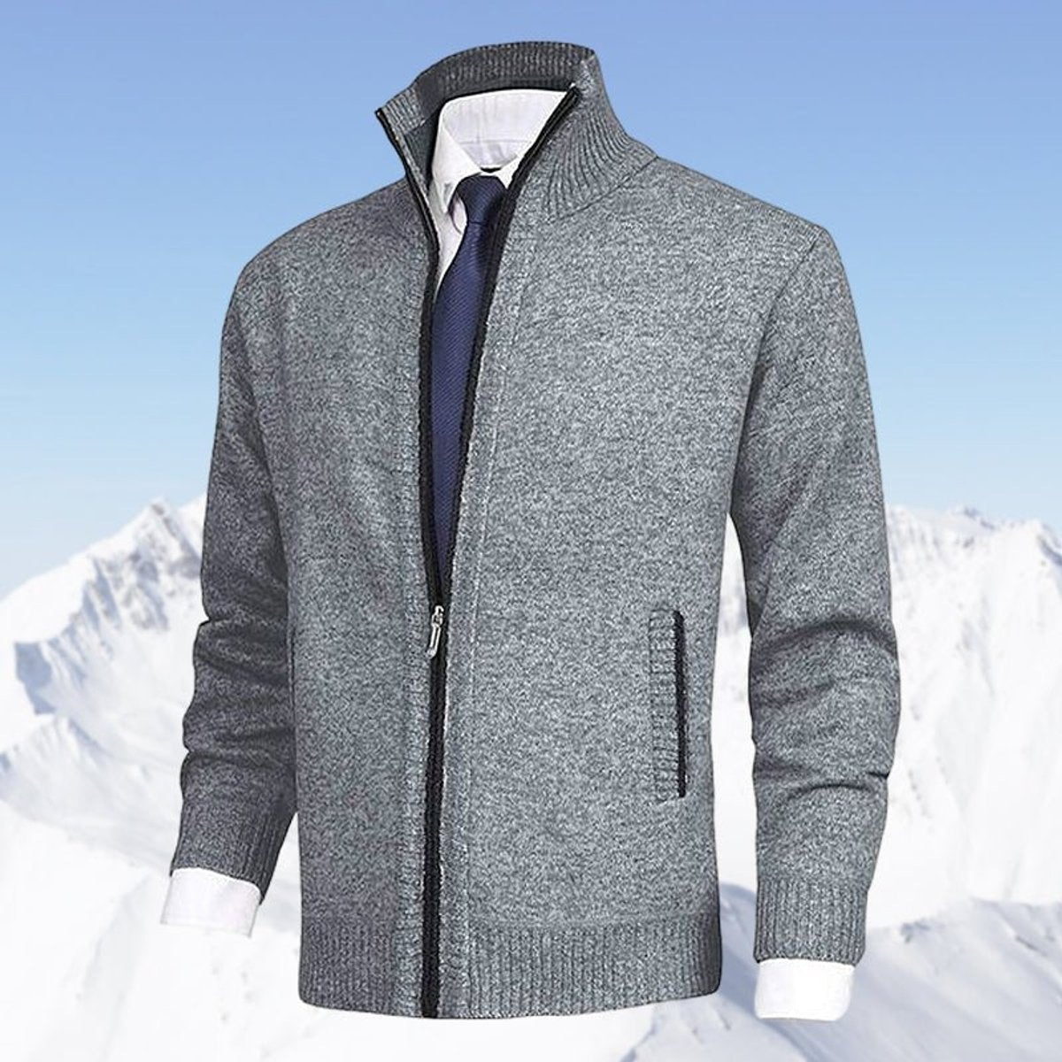 Men's Zip-Up Stand-Collar Fleece-Lined Cardigan Sweater | Autumn - Light Gray