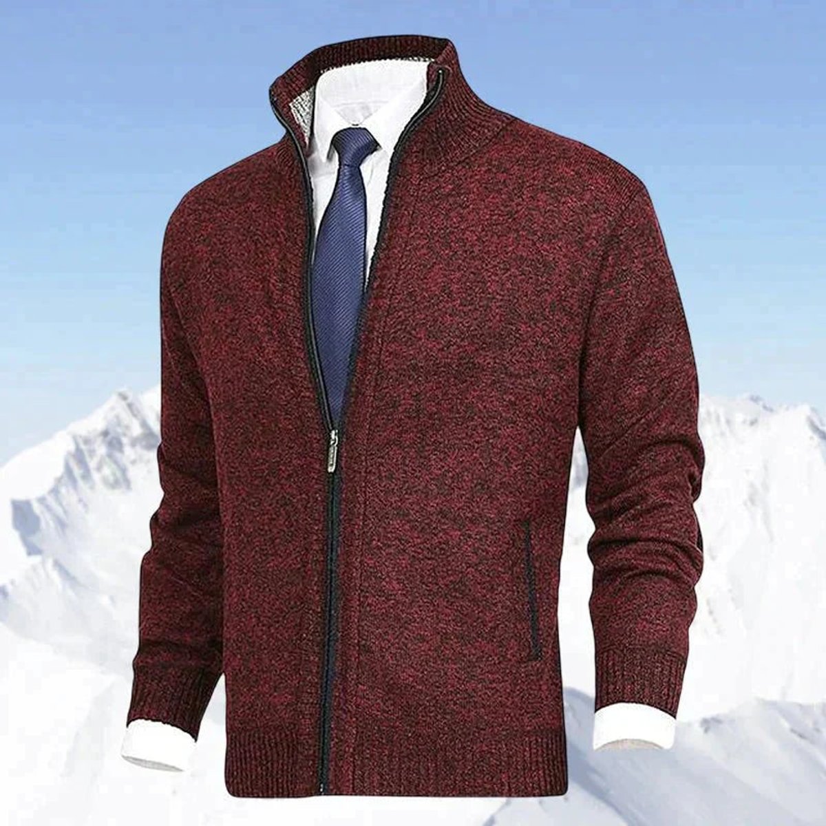 Men's Zip-Up Stand-Collar Fleece-Lined Cardigan Sweater | Autumn - Red