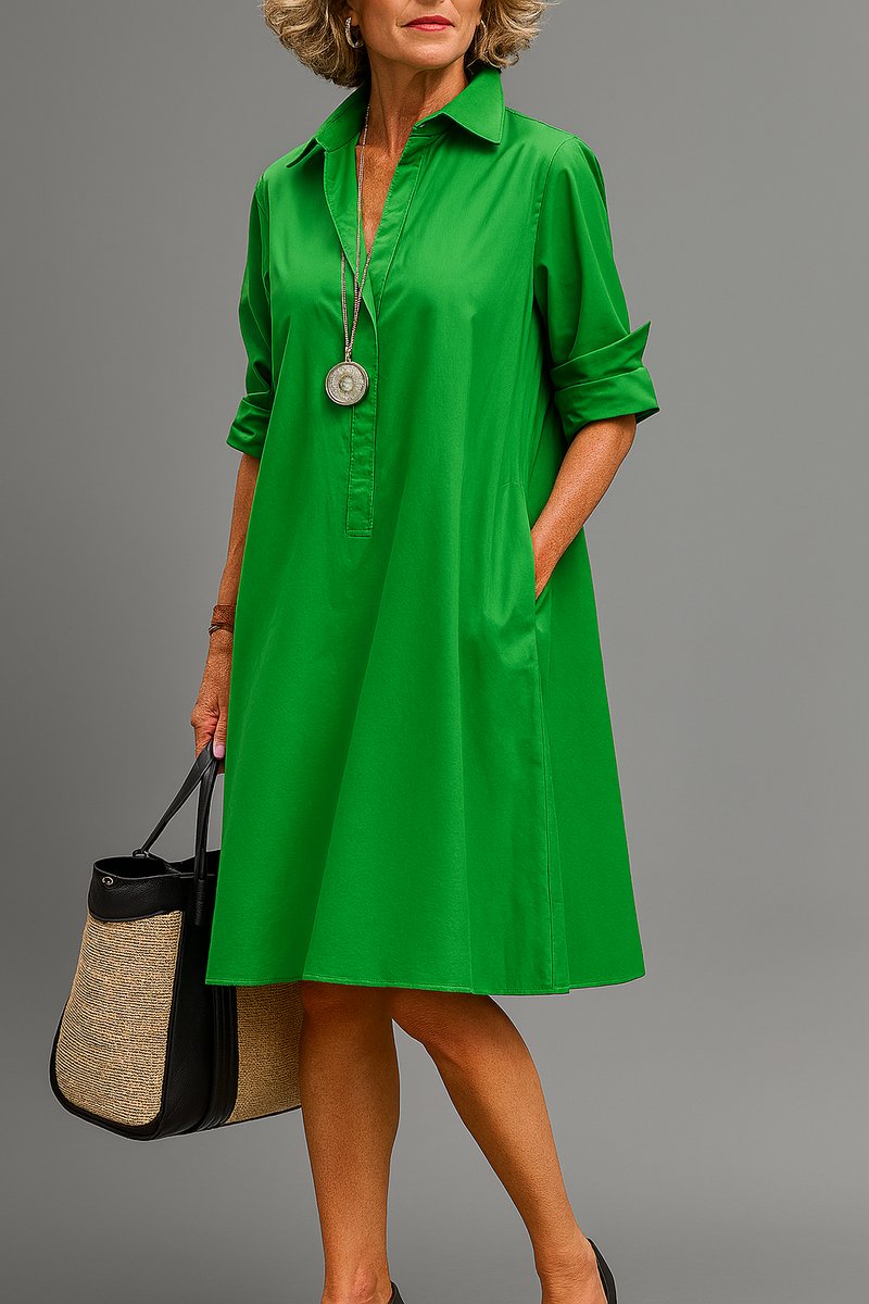 Women's A-Line Collared Midi Dress - Swing Silhouette | Spring - Green
