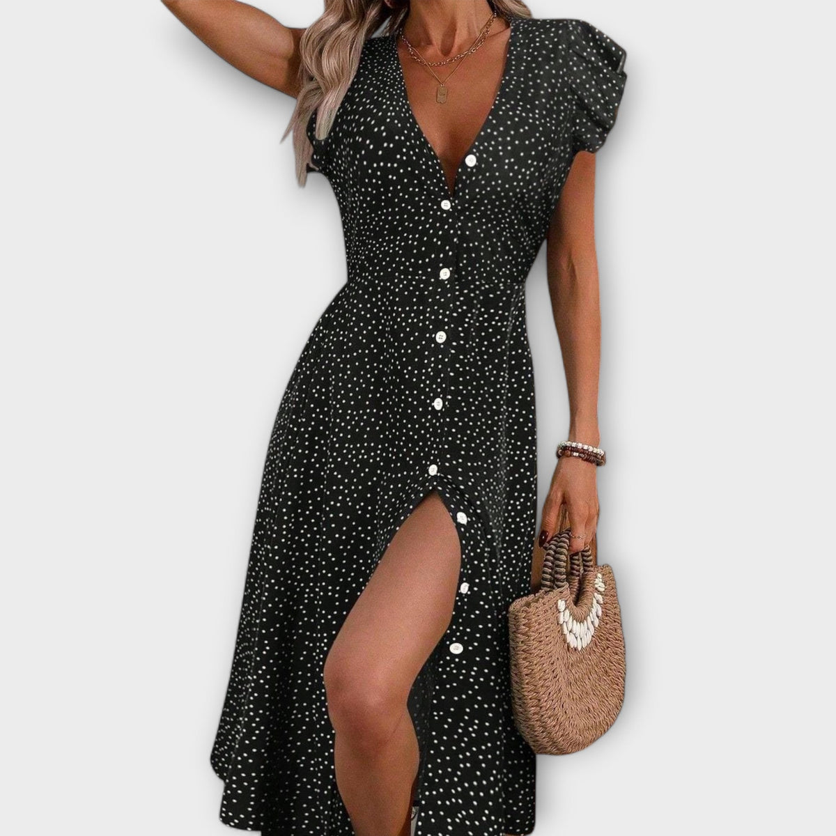 Women's A-Line Dress with V-Neckline - Polka Dot | Summer - Black