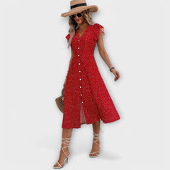Women's A-Line Dress with V-Neckline - Polka Dot | Summer