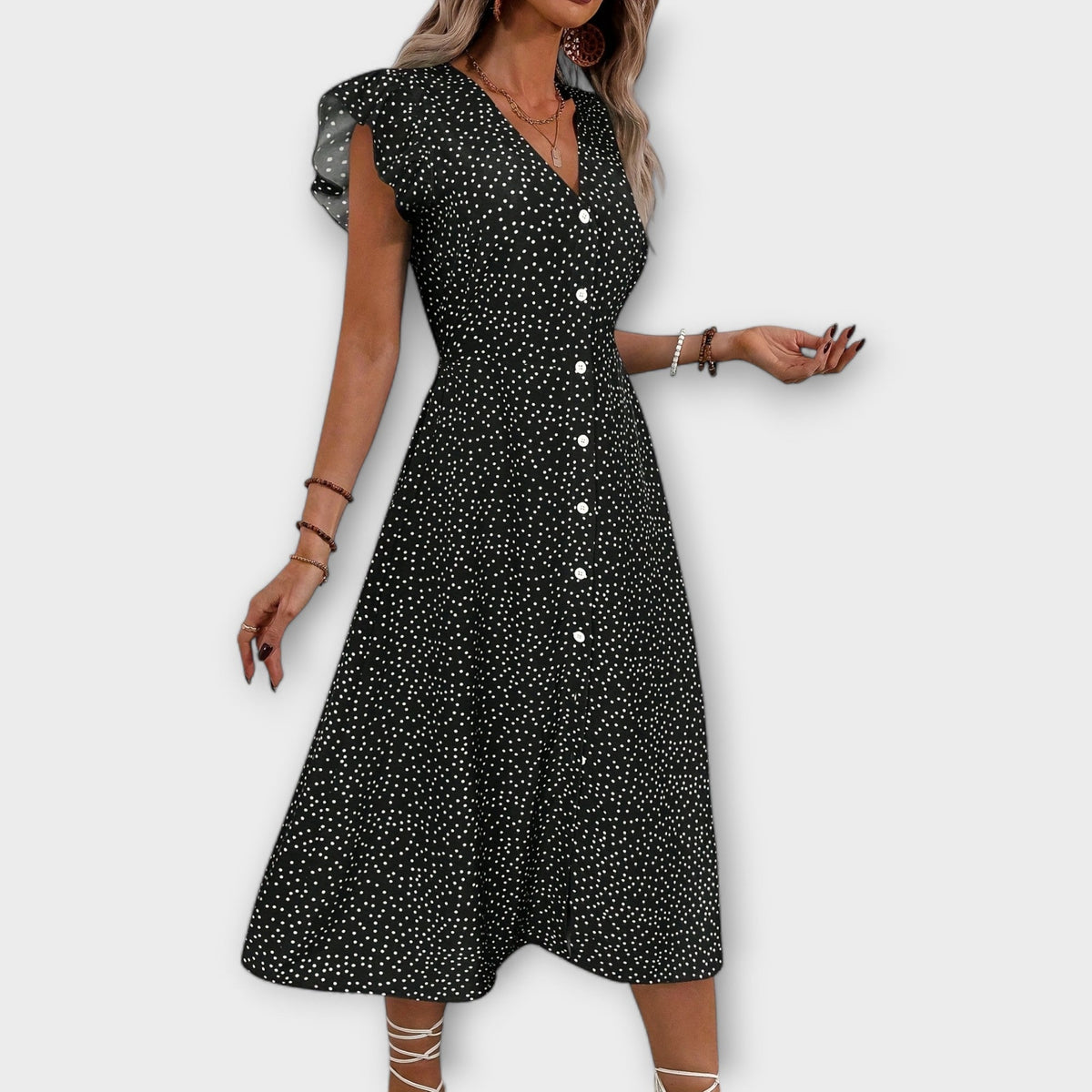 Women's A-Line Dress with V-Neckline - Polka Dot | Summer