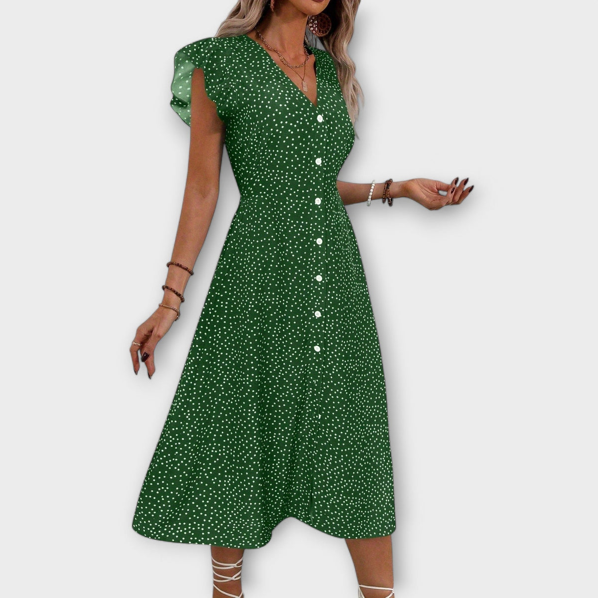 Women's A-Line Dress with V-Neckline - Polka Dot | Summer