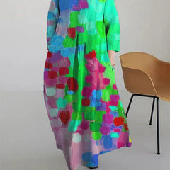 Women's Abstract Floral Maxi Dress - Long Sleeve Summer Style - Blue
