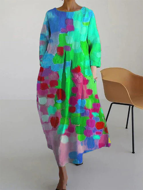 Women's Abstract Floral Maxi Dress - Long Sleeve Summer Style - Blue