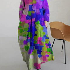 Women's Abstract Floral Maxi Dress - Long Sleeve Summer Style - Purple