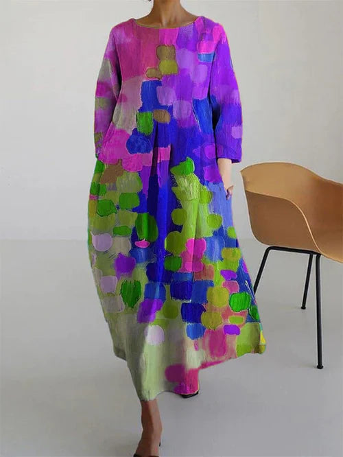 Women's Abstract Floral Maxi Dress - Long Sleeve Summer Style - Purple