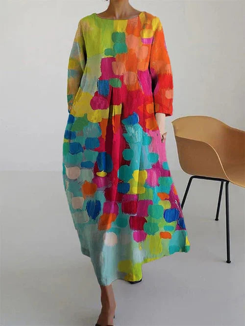 Women's Abstract Floral Maxi Dress - Long Sleeve Summer Style - Red