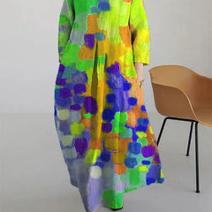 Women's Abstract Floral Maxi Dress - Long Sleeve Summer Style - Yellow
