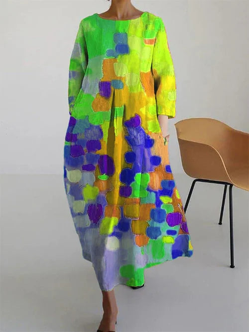 Women's Abstract Floral Maxi Dress - Long Sleeve Summer Style - Yellow
