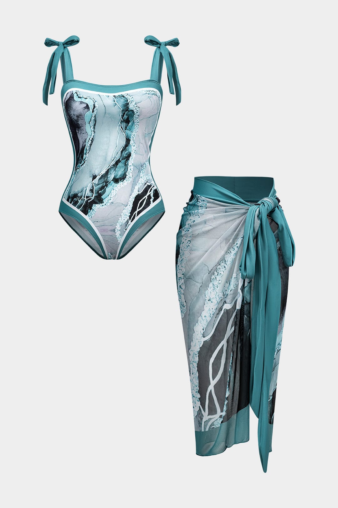 Women's Abstract Print Bikini Set with Tie Straps - Beach Cover Includ - Blue