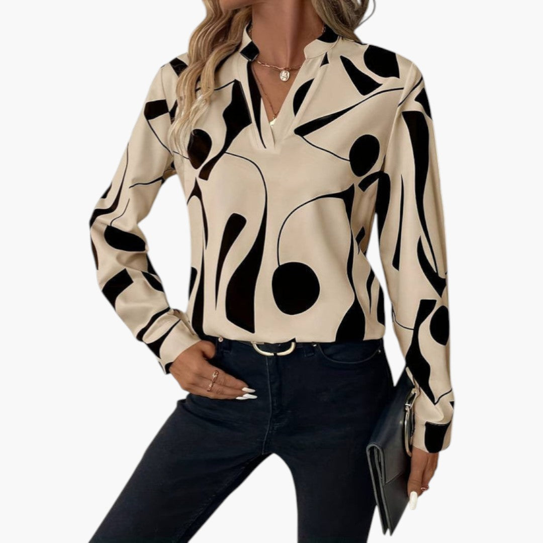 Women's Abstract-Print Blouse | V-Neck | Long Sleeves | Summer - Beige