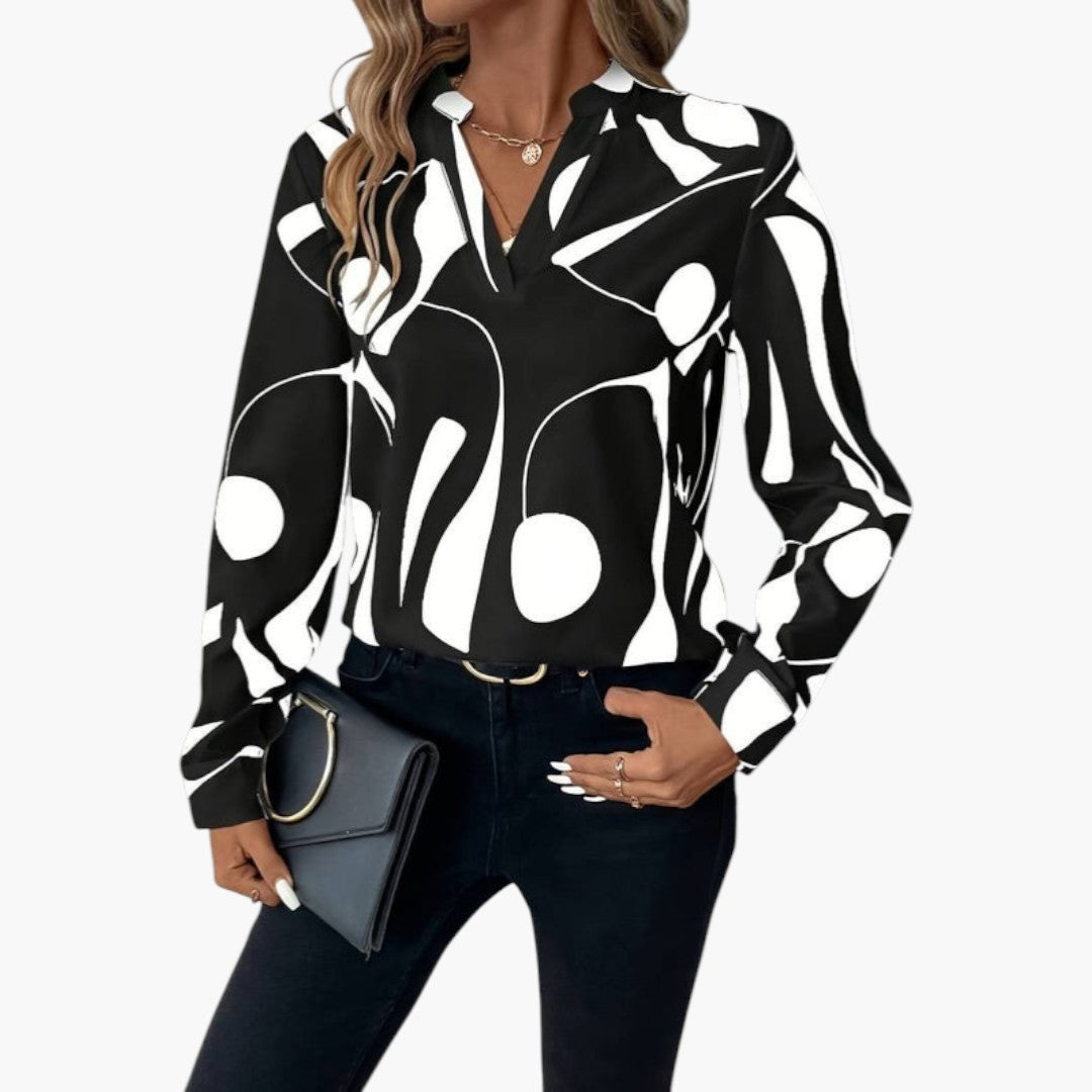 Women's Abstract-Print Blouse | V-Neck | Long Sleeves | Summer - Black