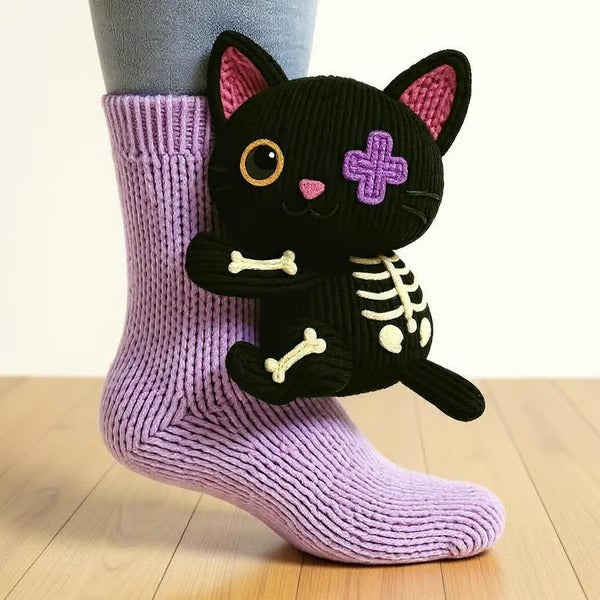 Women's Animal Design Socks - Cozy Comfort | Autumn - Black Cat