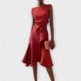 Women's Asymmetric Midi Dress - Elegant Sleeveless Design | Spring - Red