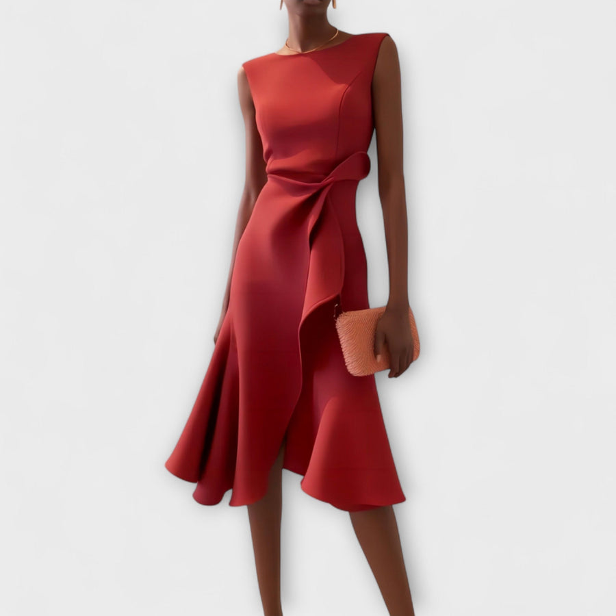 Women's Asymmetric Midi Dress - Elegant Sleeveless Design | Spring - Red