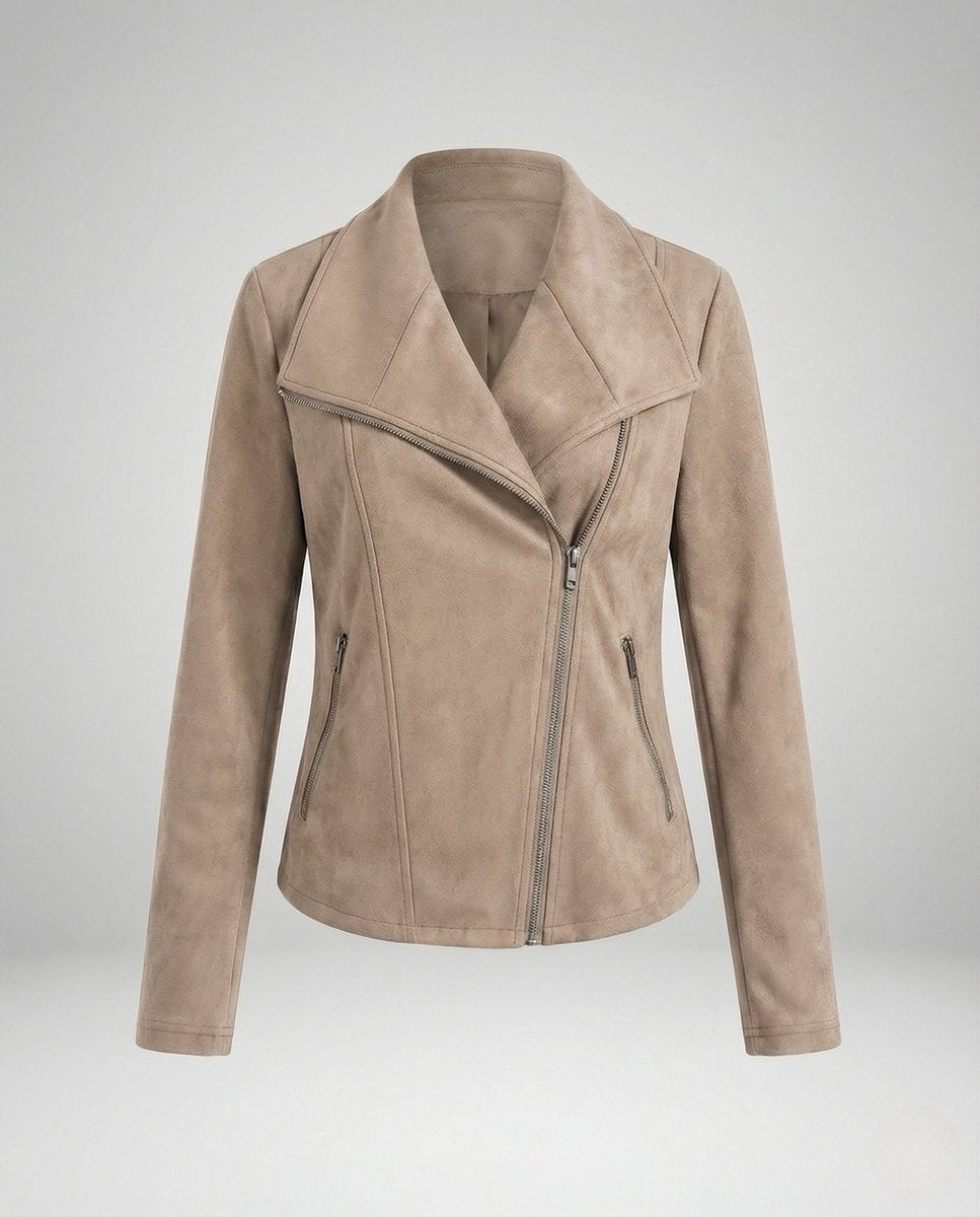 Women's Asymmetric Zip Tailored Faux Suede Biker Jacket | Autumn - Apricot