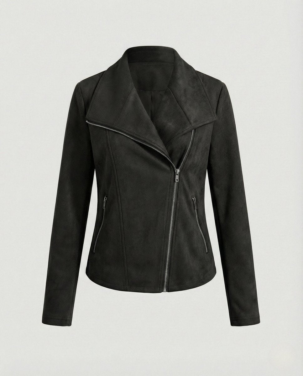 Women's Asymmetric Zip Tailored Faux Suede Biker Jacket | Autumn - Black