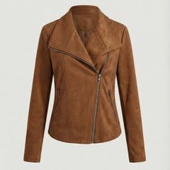 Women's Asymmetric Zip Tailored Faux Suede Biker Jacket | Autumn - Camel