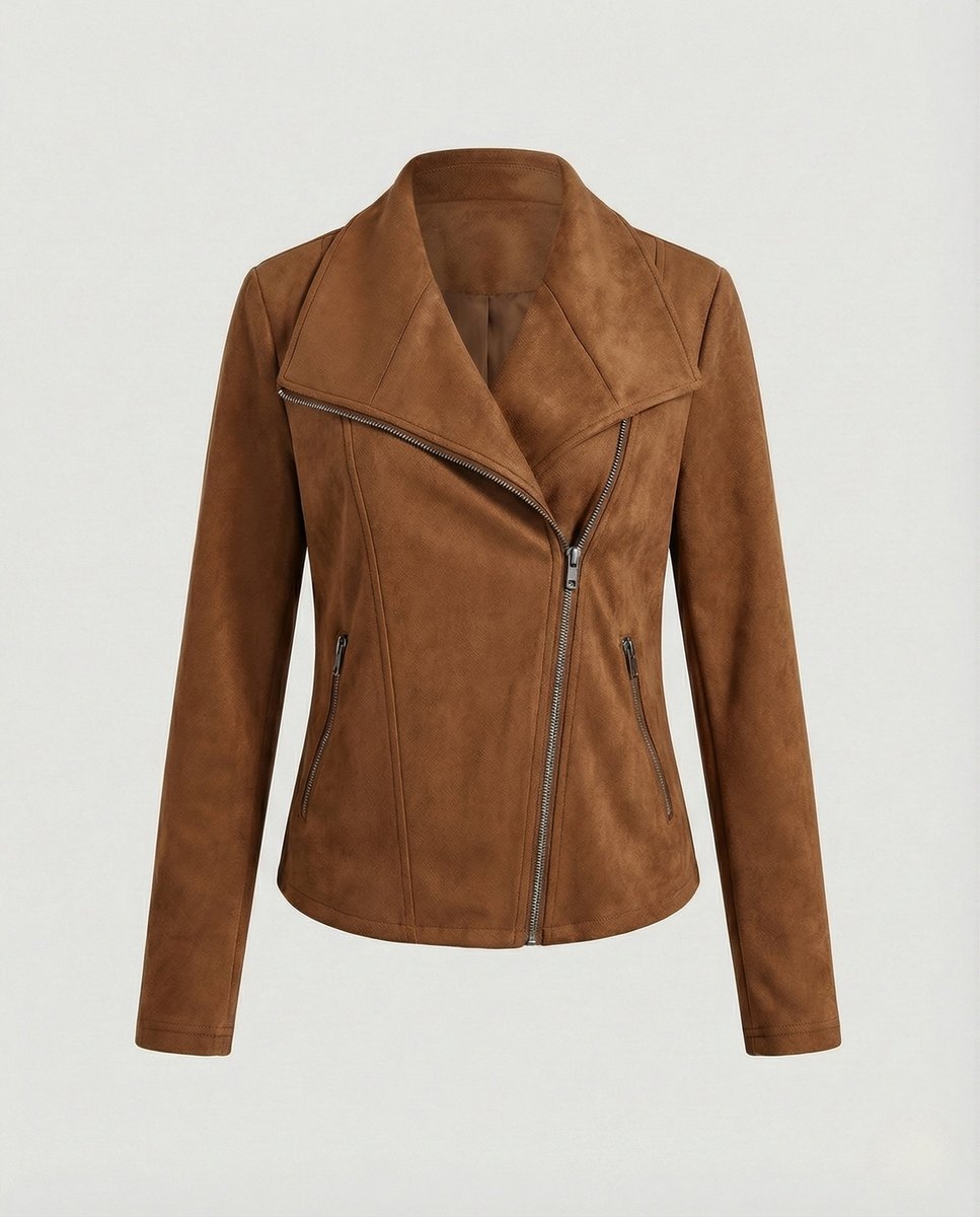 Women's Asymmetric Zip Tailored Faux Suede Biker Jacket | Autumn - Camel