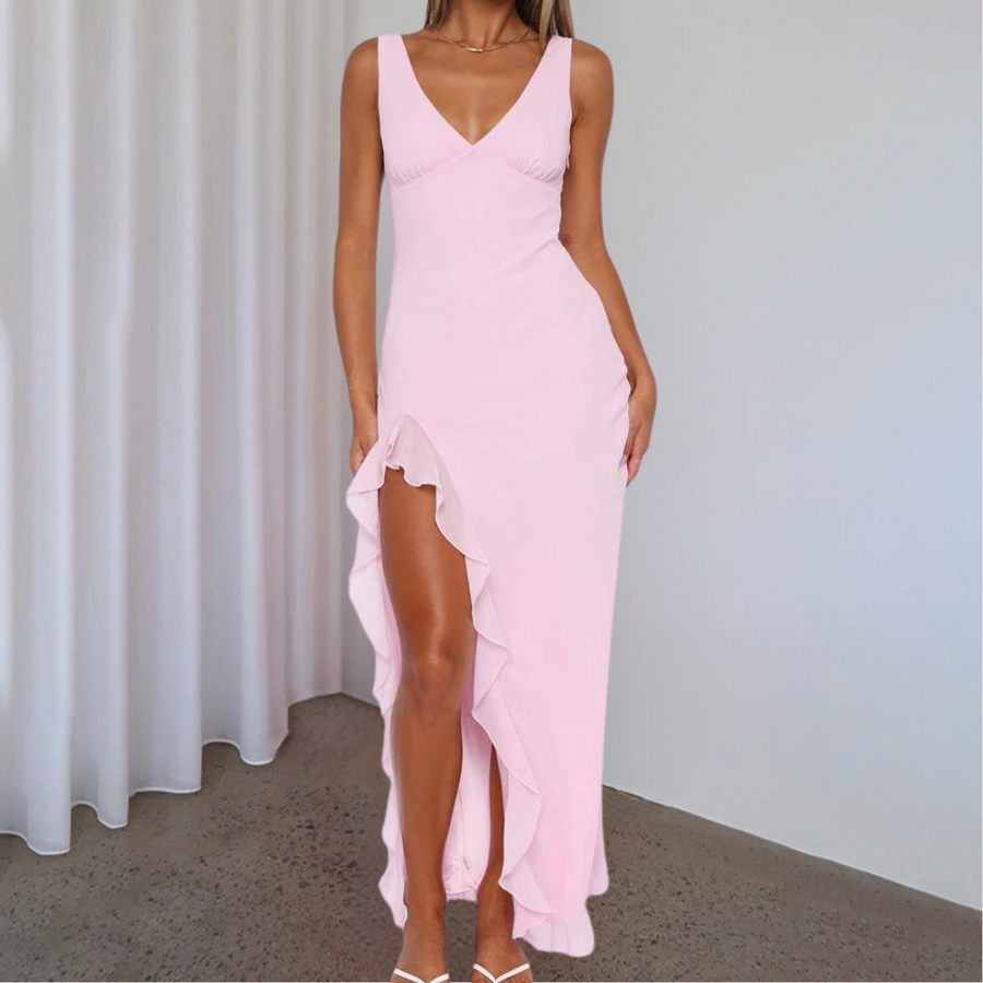 Women's Asymmetrical Dress | V-Neckline | Side Slit | Summer - Pink