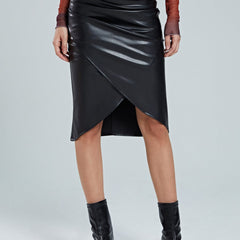 Women's Asymmetrical Faux Leather Midi Skirt | Wrap Detail | Winter