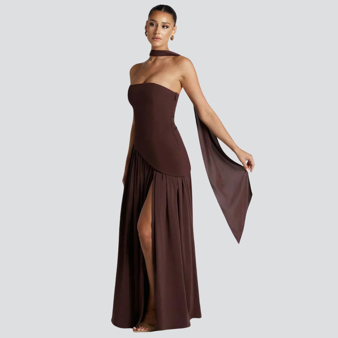 Women's Asymmetrical Maxi Dress - Wedding Guest | Summer - Brown