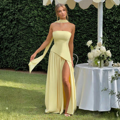 Women's Asymmetrical Maxi Dress - Wedding Guest | Summer - Yellow