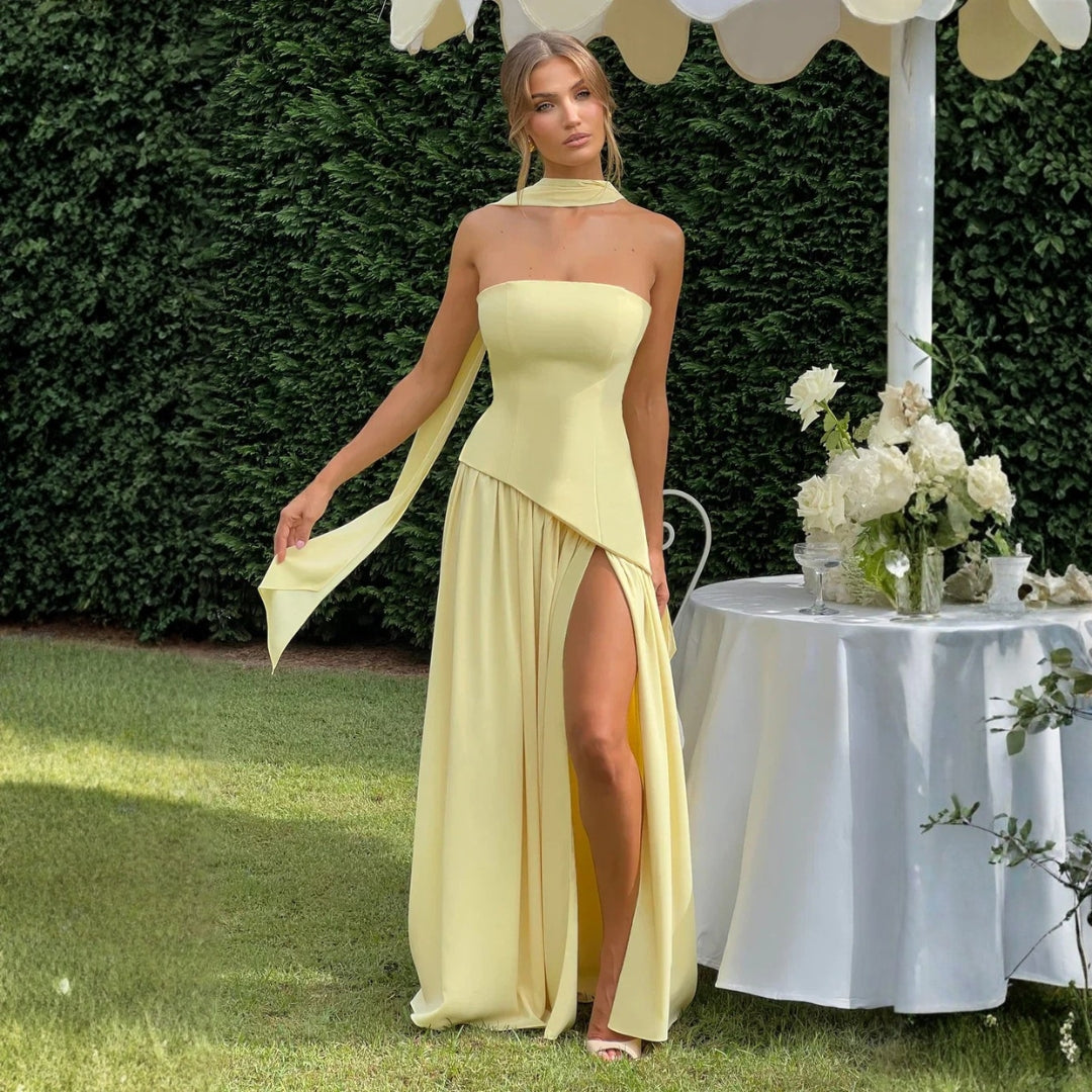 Women's Asymmetrical Maxi Dress - Wedding Guest | Summer - Yellow