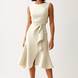 Women's Asymmetrical Midi Dress | Waist Detail | Elegant | Spring - Cream