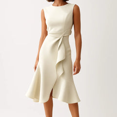 Women's Asymmetrical Midi Dress | Waist Detail | Elegant | Spring - Cream
