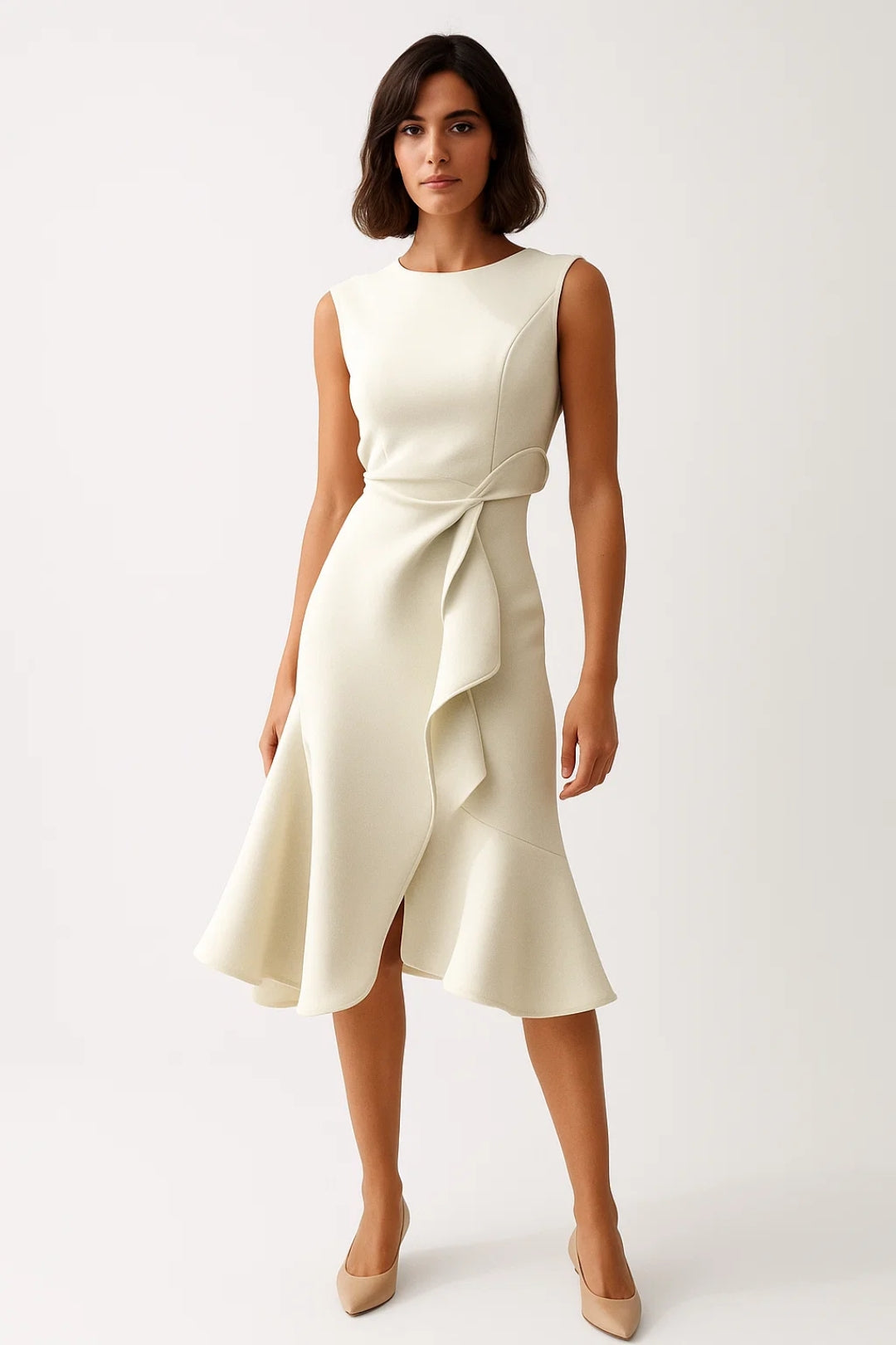Women's Asymmetrical Midi Dress | Waist Detail | Elegant | Spring - Cream