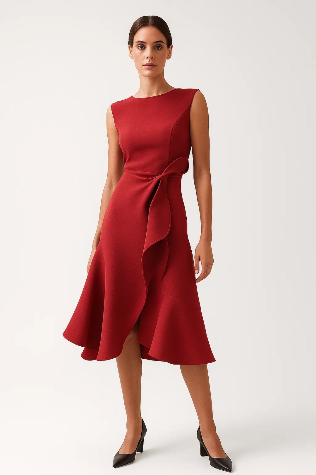 Women's Asymmetrical Midi Dress | Waist Detail | Elegant | Spring - Red