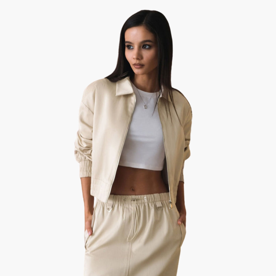 Women's Aviator Jacket | Zip Closure | Ribbed | Autumn - Cream