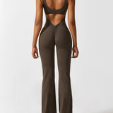 Women's Backless Jumpsuit - Flared Leg Summer Style - Brown
