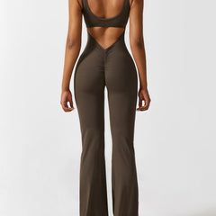 Women's Backless Jumpsuit - Flared Leg Summer Style - Brown