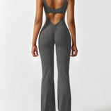 Women's Backless Jumpsuit - Flared Leg Summer Style - Grey