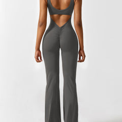 Women's Backless Jumpsuit - Flared Leg Summer Style - Grey