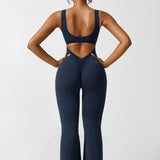 Women's Backless Jumpsuit - Flared Leg Summer Style - Navy