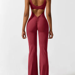 Women's Backless Jumpsuit - Flared Leg Summer Style - Red